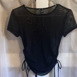 Black Sheer Drawstring Short Sleeve Top -  Women